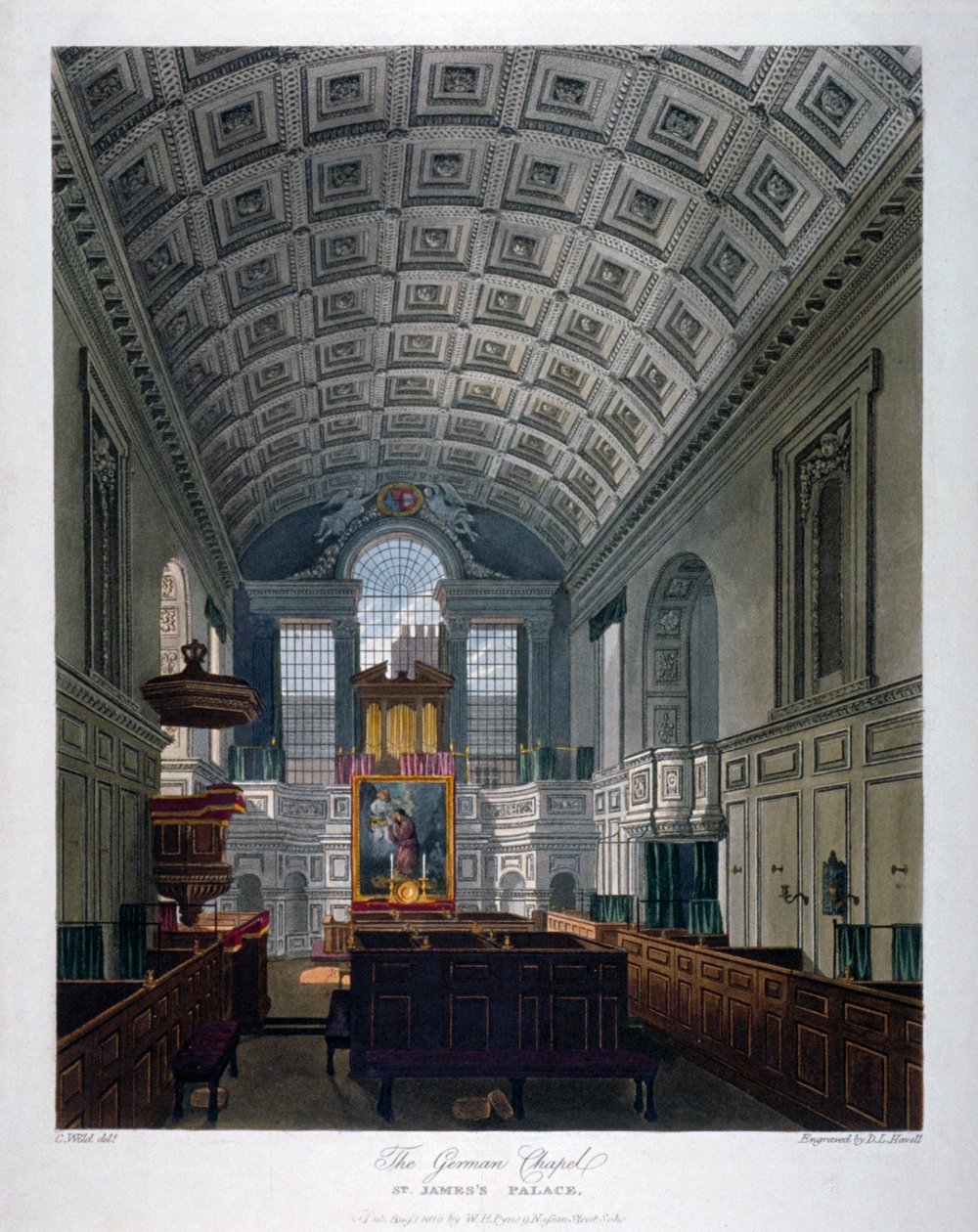 منظر داخلي لـ Chapel Royal في St James's Palace ، Westminster ، لندن ، 1816 بواسطة دانيال هافيل