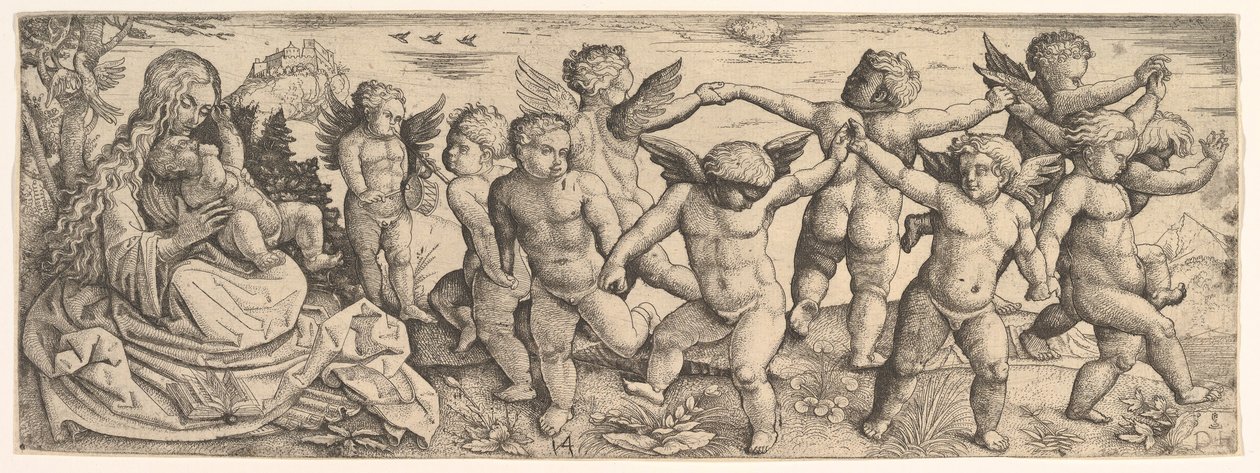 العذراء والطفل مع الملائكة يرقصان في المناظر الطبيعية ، 1530s. بواسطة دانيال هوبفر