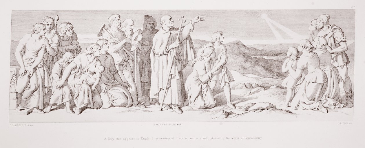 يظهر النجم الناري في إنجلترا ، وهو أمر مهم من الكارثة ، ويبرره الراهب من Malmesbury ، من "قصة الفتح النورماندي" ، منقوش بواسطة L. Gruner ، 1866 بواسطة دانيال ماكليز