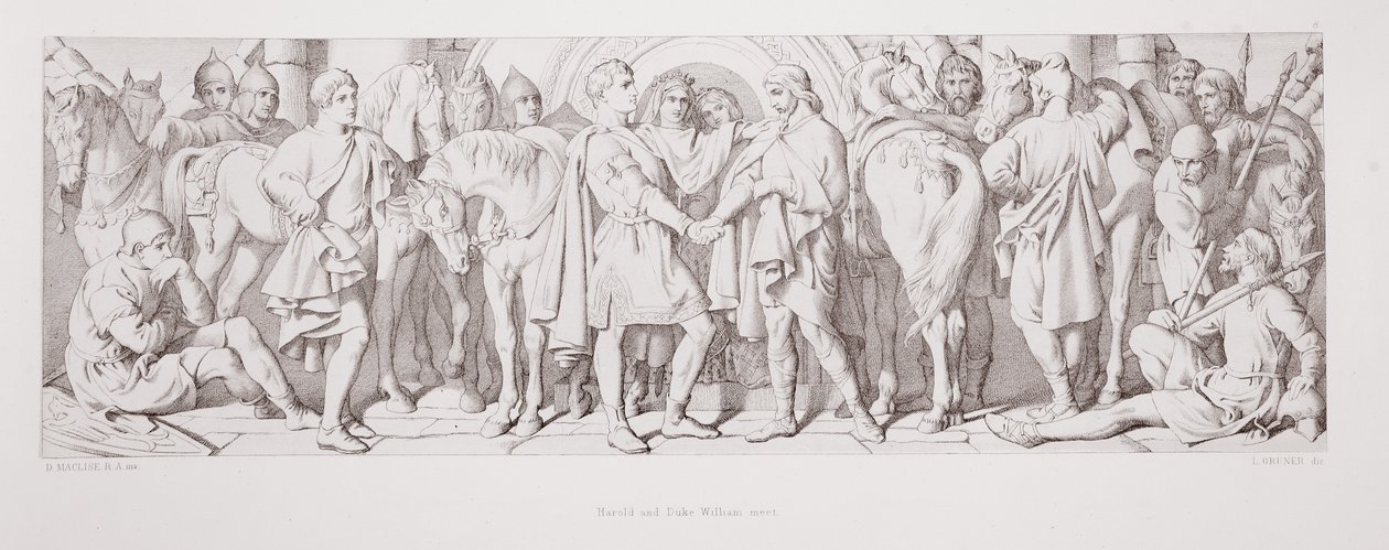 يلتقي هارولد وديوك ويليام ، من `` قصة الفتح النورماندي &39;&39; ، نقشها L. Gruner ، 1866 بواسطة دانيال ماكليز