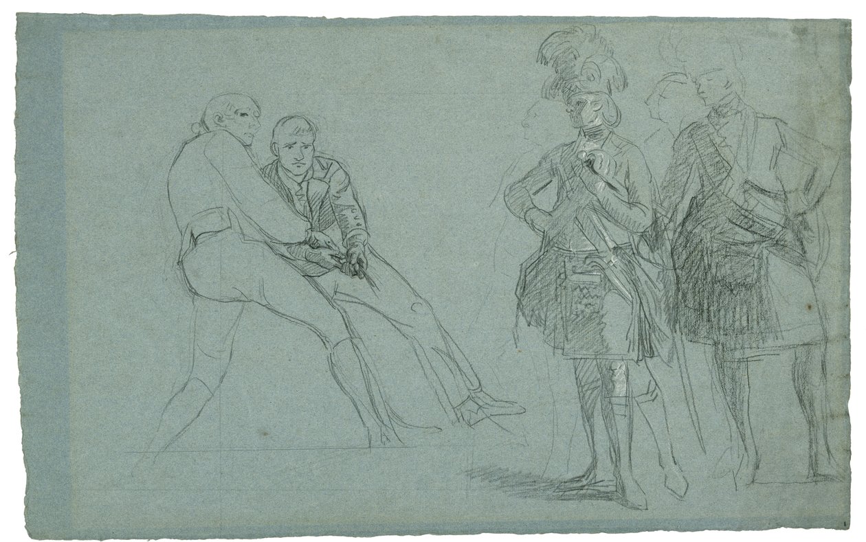 دراسة حصار جبل طارق (دراسة اللفتنانت كولونيل ليندسي والشخصيات التي تسحب على الحبل) ، ج. 1786-1787 (رسم بياني وطباشير أبيض وأسود على ورق رمادي - أزرق) بواسطة دانيال ميتينز