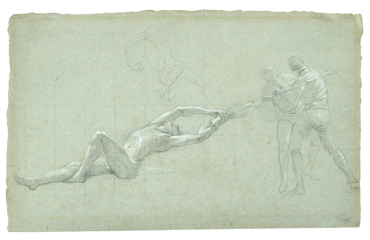 دراسة حصار جبل طارق (دراسة الشكل المنقذ وشكلين يسحبان مجذاف) ، 1785-1786 (طباشير أبيض وأسود على ورق رمادي-أخضر) بواسطة دانيال ميتينز