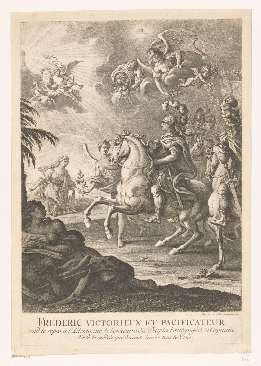 تمثيل استعاري لفريدريك الكبير على ظهور الخيل Fréderic victorieux et pacificateur (...) (العنوان على الكائن) بواسطة دانيال نيكولاوس شودويكي