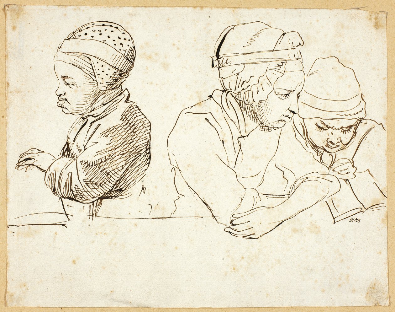 ثلاثة أطفال (وجه) ؛ رسومات تخطيطية للرأس والعيون والشفاه والزهور (ظهر) بواسطة دانيال نيكولاوس شودويكي