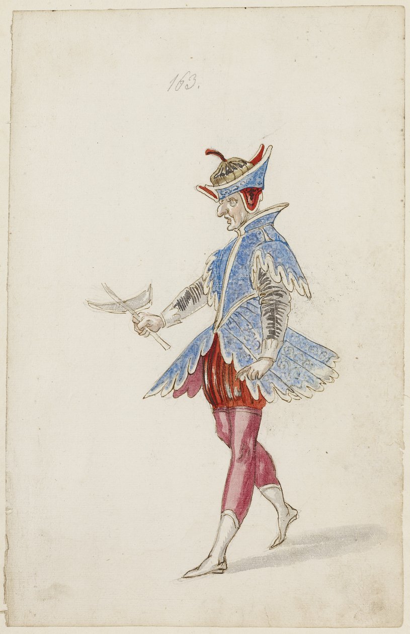 الرقم الذكر في زي أزرق وأحمر من Ballet des quatre saisons de lAnnee ، 1626 (حبر بني ، مرحاض وطلاء معدني على قطعة من الطباشير الأسود على ورق مسدود) بواسطة دانيال رابيل