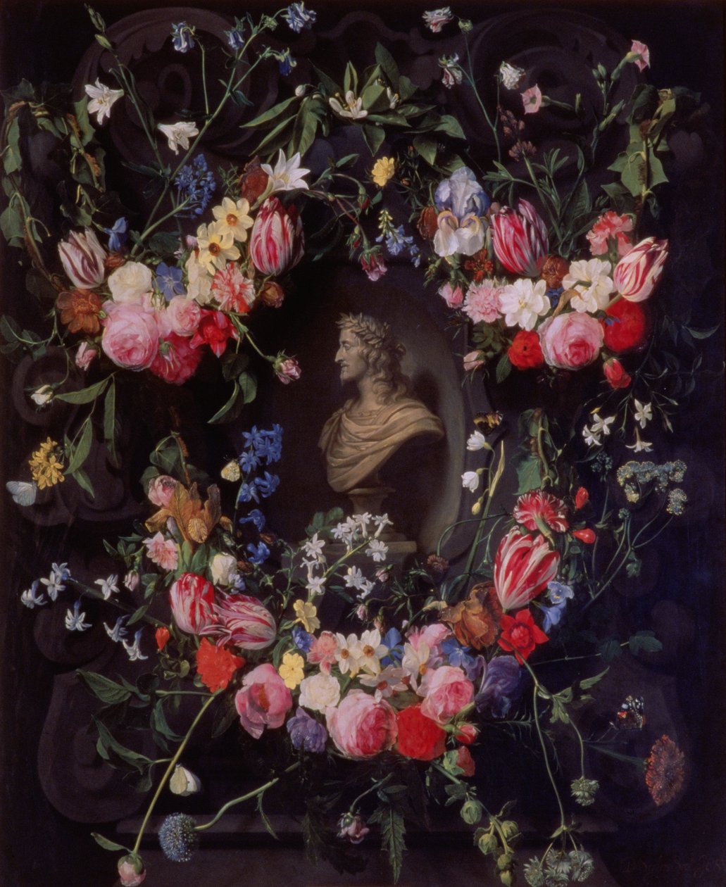 إكليل من الزهور تحيط تمثال نصفي من الرخام من الأرشيدوق ليوبولد جوجليلمو ، c.1647 بواسطة دانيال Seghers