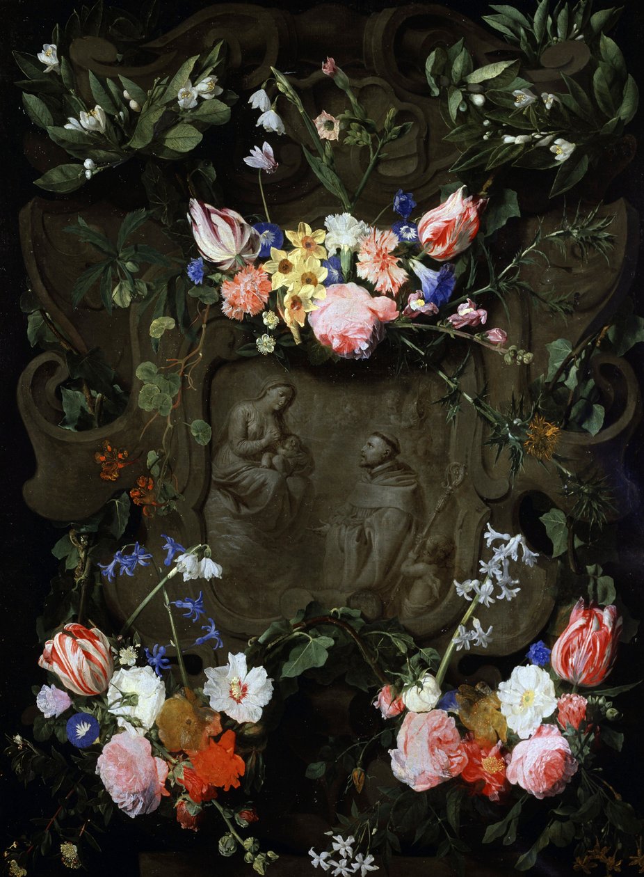 مشكاة رخامية مزينة بالزهور وتحتوي على تمثيل لعشق العذراء. لوحة رسمها دانيال سيغرز (1590-1661) مجموعة خاصة. بواسطة دانيال Seghers