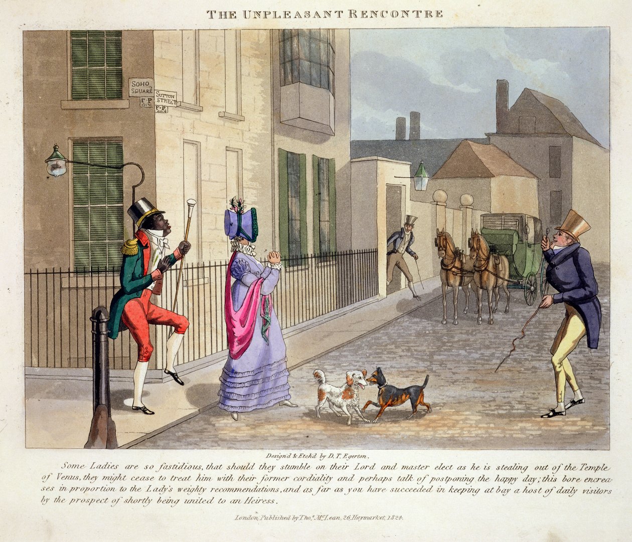 The Unpleasant Rencontre ، من "المألوف المألوف ، أو المبردات في حياة عالية ، بواسطة بيتر كويز" ، نشر عام 1824 (ألوان مائية يدوية) بواسطة دانيال توماس إيجرتون