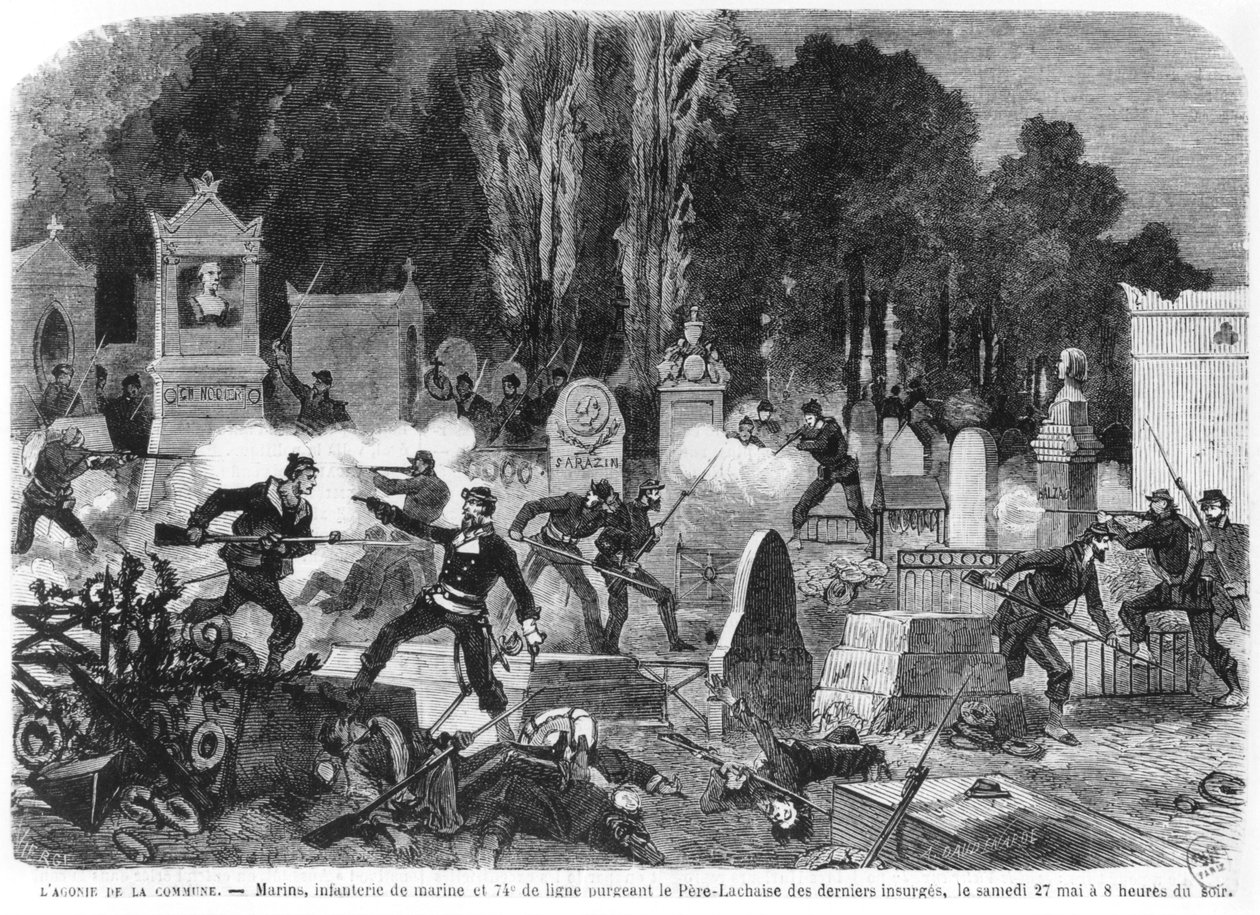 عذاب الكومونة ، المعارك الأخيرة في مقبرة Pere Lachaise ، نقشها لويس جوزيف أميدي داودنارد (ت 1907) التوضيح من "لو موند إيموستري" ، 27 مايو 1871 بواسطة دانيال Urrabieta Vierge