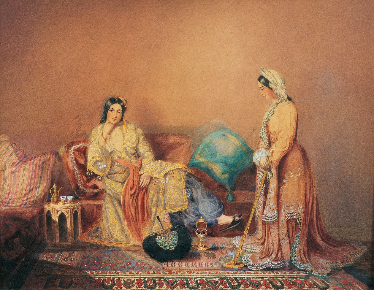 Dames Phanariotes (سكان التجار الأثرياء من أصل يوناني ، الذين يعيشون في حي Phanar في القسطنطينية) (Phanariot Greek Ladies) - رسم دانيال فالنتين ريفيير (1780-1854) ، وسائط مختلطة على لوح خشبي ، منتصف القرن التاسع عشر ، 38 ضعفًا بواسطة دانيال فالنتين ريفيير