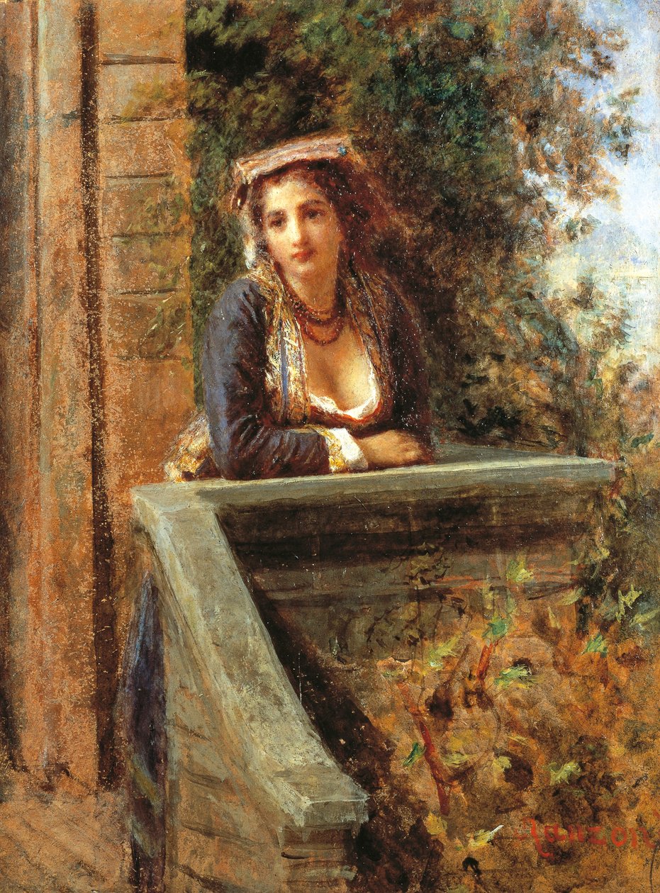 فتاة صغيرة على النافذة أو امرأة شابة على الشرفة ، بقلم دانييل رانزوني (1843-1889) ، زيت على ورق مثبت على خشب ، 44 × 33 سم بواسطة دانييل رانزوني