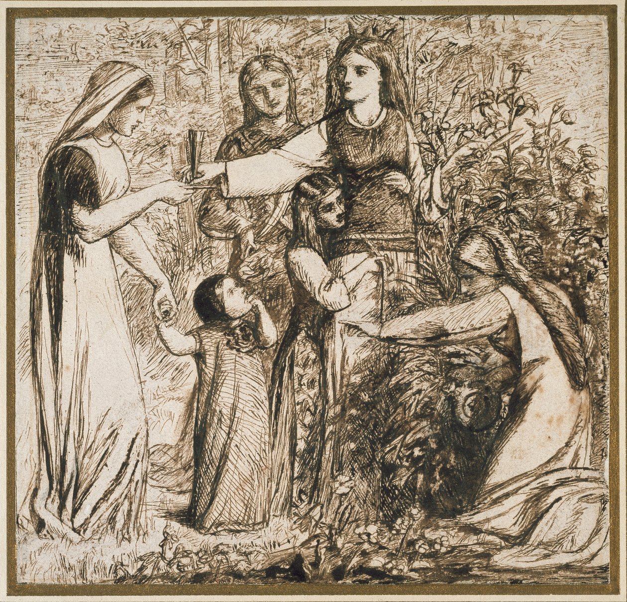 رؤية دانتي لزهور ماتيلدا ، 1855 (قلم وحبر بني على ورق أبيض فاتح) بواسطة دانتي جابرييل تشارلز روسيتي