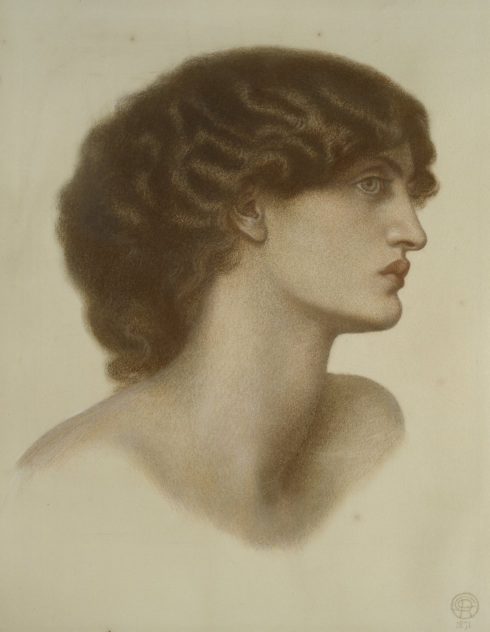 Perlascura ، 1871 (طباشير حمراء وبنية ترتفع بالأبيض ، على ورق أخضر شاحب) بواسطة دانتي جابرييل تشارلز روسيتي