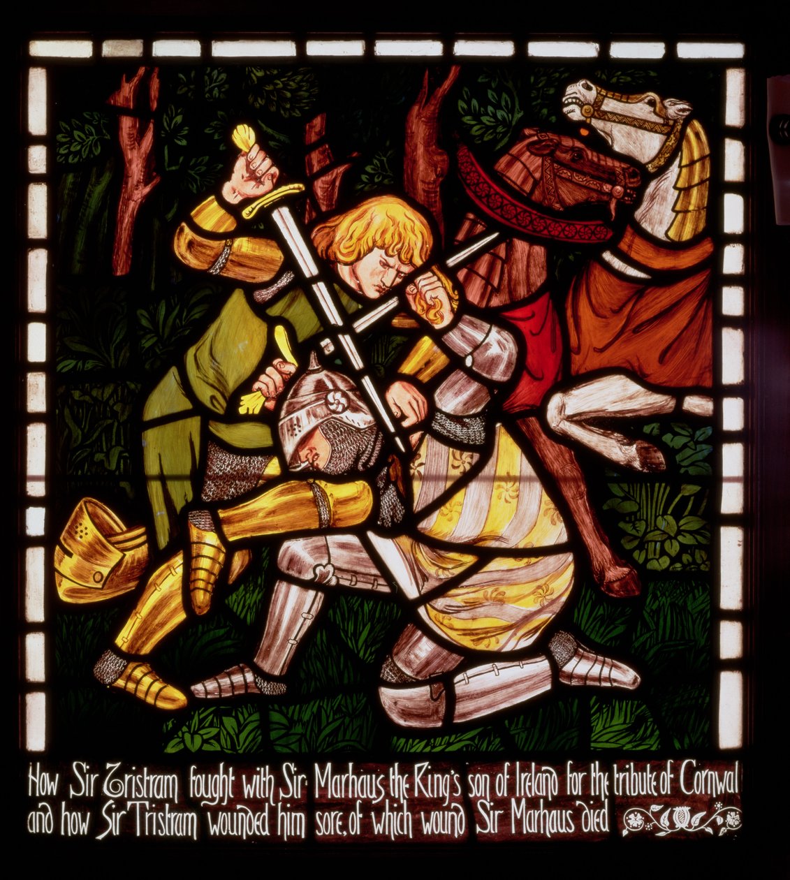 The Fight with Sir Marhalt، from &39;The Story of Tristan and Isolde&39;، William Morris und Co. (زجاج ملون) بواسطة دانتي جابرييل تشارلز روسيتي