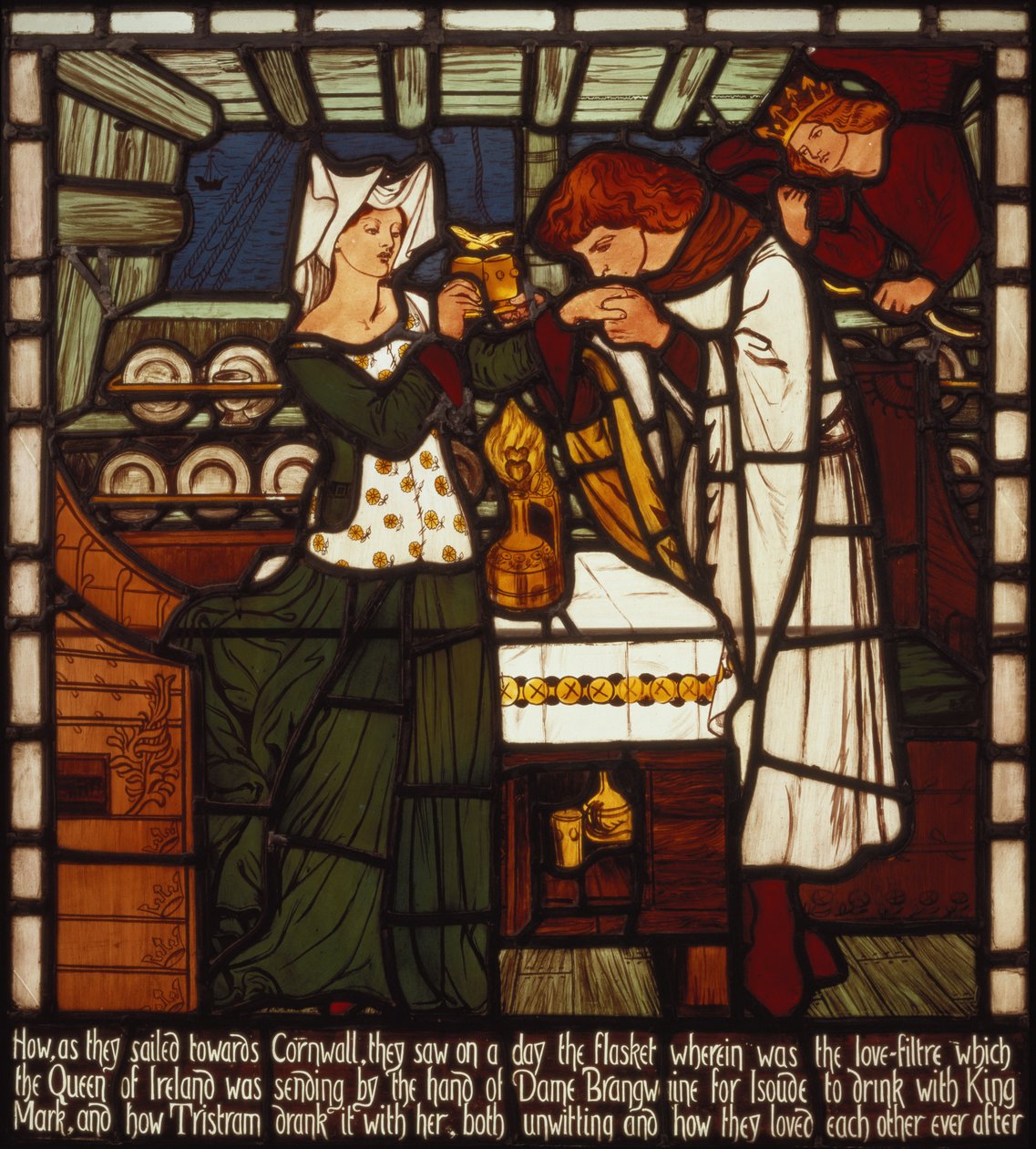 جرعة الحب ، مخصصة لـ Isolde the Fair و King Mark of Cornwall ، لكن في حالة سكر من قبل Tristan و Isolde the Fair ، من "قصة Tristan and Isolde" ، William Morris und Co. (زجاج ملون) بواسطة دانتي جابرييل تشارلز روسيتي