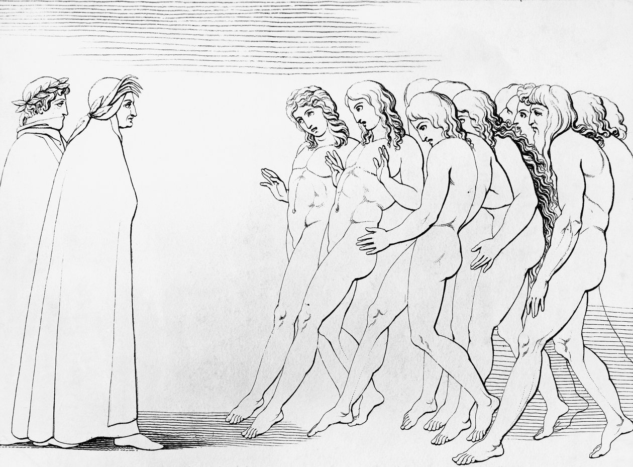 تندهش النفوس عندما ترى أن دانتي على قيد الحياة ، رسم توضيحي لكانتو المطهر الثالث ، الكوميديا الإلهية ، قصيدة استعادية لدانتي أليغييري (1265-1321) بواسطة دانتي أليغييري