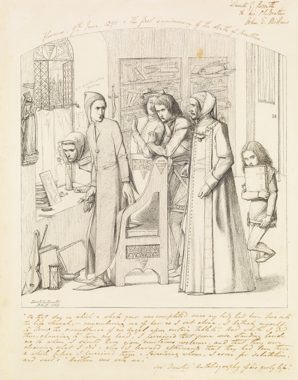 دانتي يرسم ملاكًا في الذكرى الأولى لوفاة بياتريس ، 1848-189 بواسطة دانتي جابرييل تشارلز روسيتي