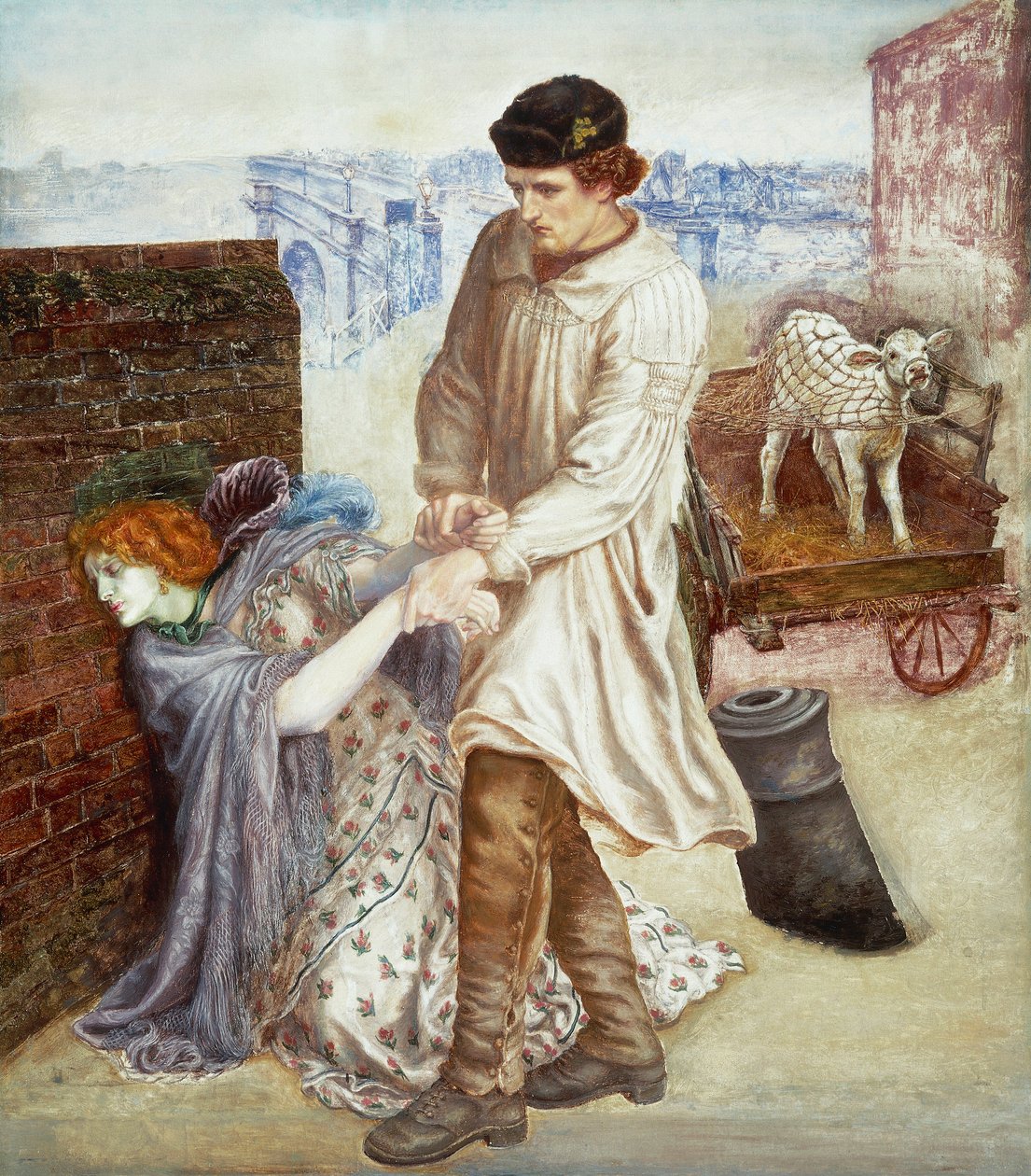 “Rediscovered” A farmer who came to town to sell his calf tries to raise a sick young prostitute with a cadaveric complexion 1865-1869 (painting) بواسطة دانتي جابرييل تشارلز روسيتي