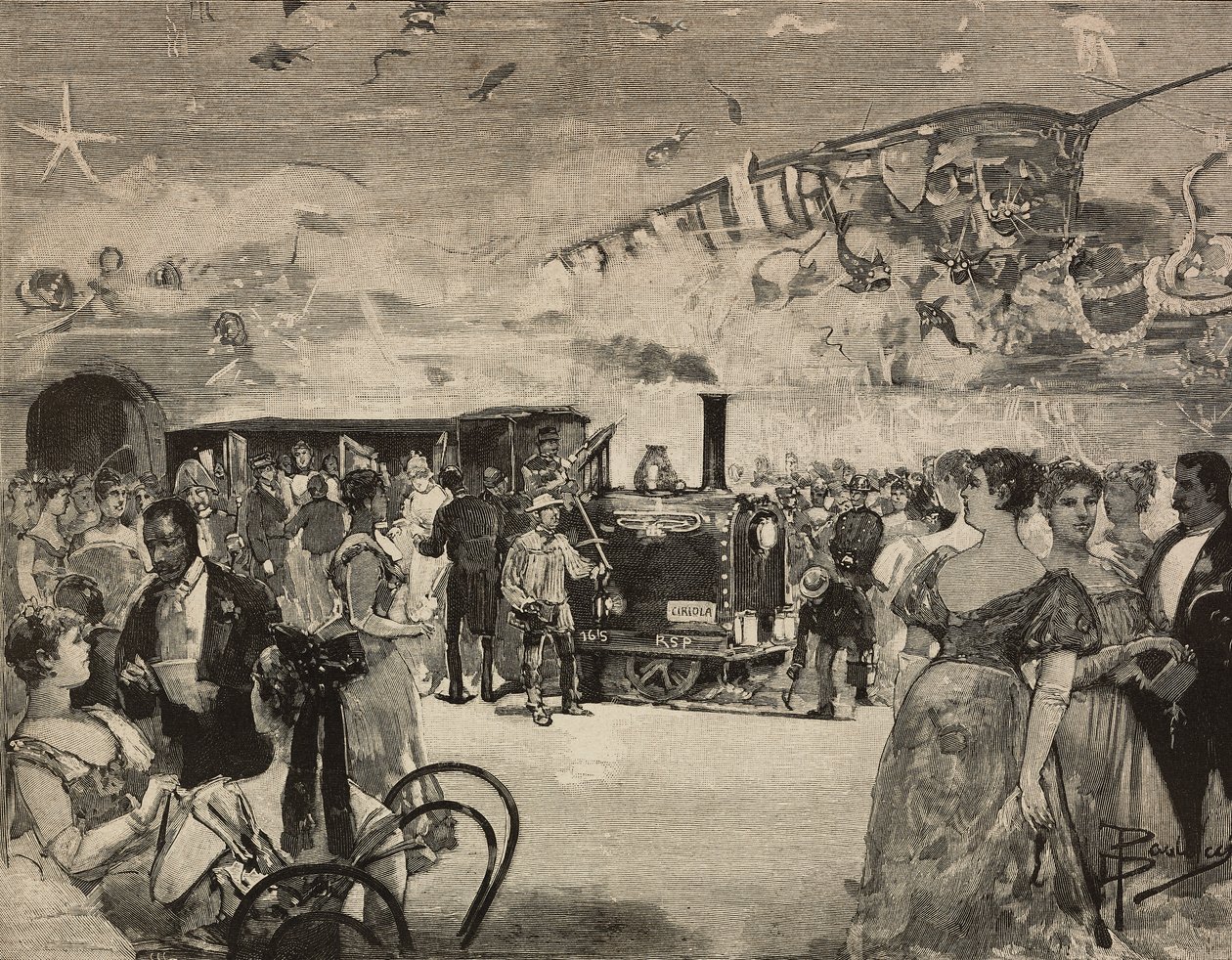 حفلة كرنفال في النادي الفني الدولي (Circolo Artistico) في روما ، إيطاليا ، نقش بعد الرسم بواسطة Dante Paolocci ، من L