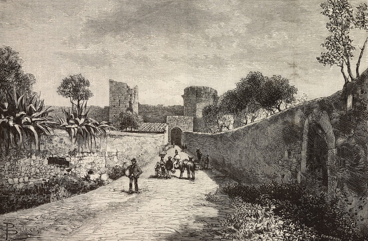 بوابة كاستيلو، كورنيتو تاركينيا، إيطاليا، نقش من رسم دانتي باولوتشي، من L#39;Illustrazione Italiana، رقم 47، 23 نوفمبر بواسطة دانتي بولوتشي