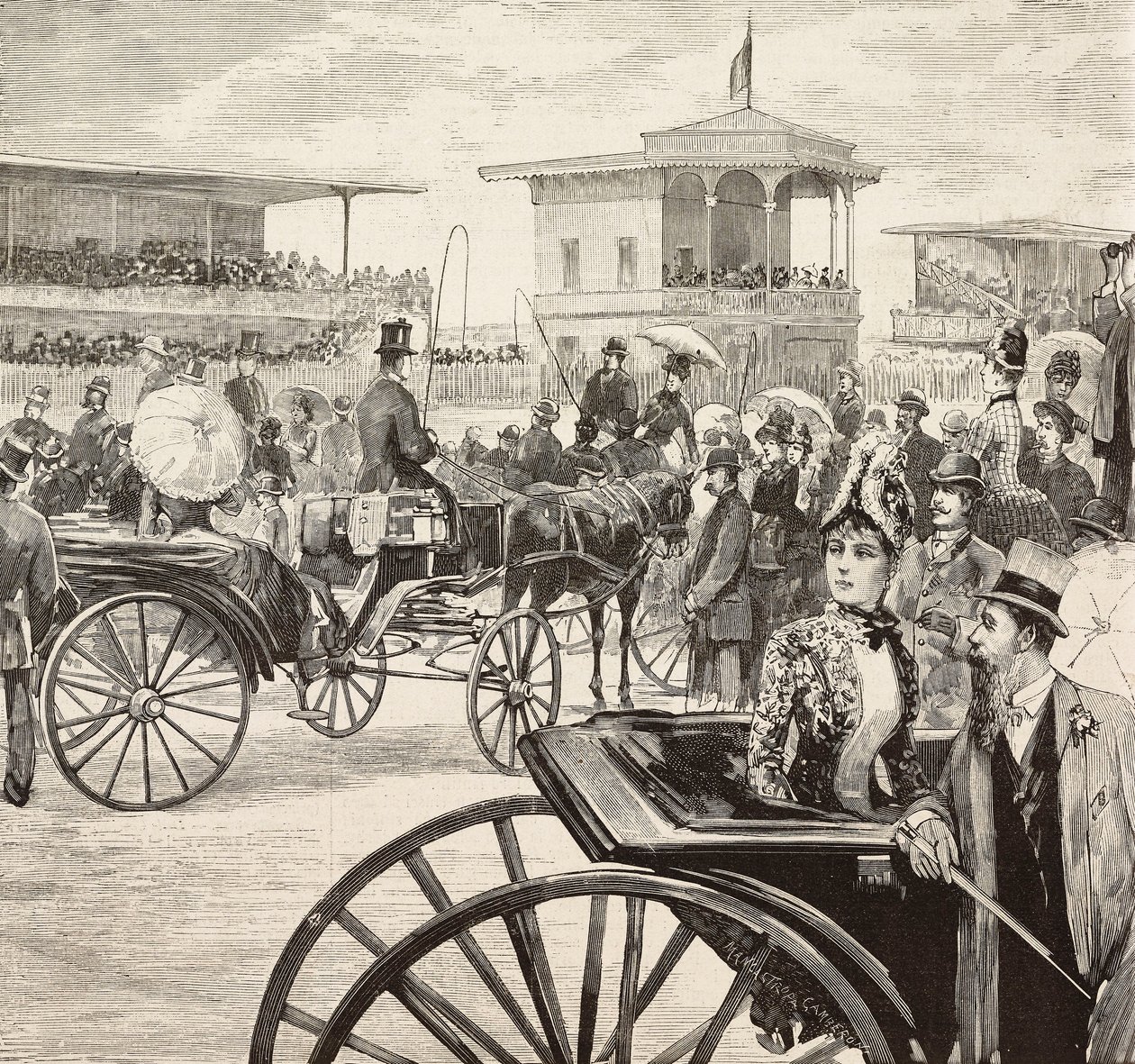 رجال ونساء أنيقون يحضرون سباق خيل في مضمار السباق ، روما ، إيطاليا ، نقش من رسم لدانتي بولوتشي ، من L