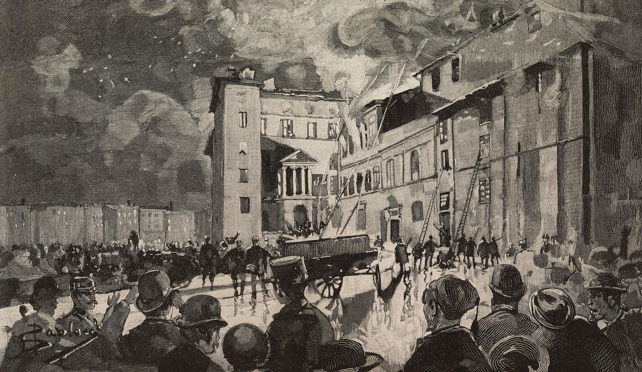 حريق المدارس الإسرائيلية عام 1893 ، روما ، إيطاليا ، نقش بعد الرسم بواسطة Dante Paolocci ، من L
