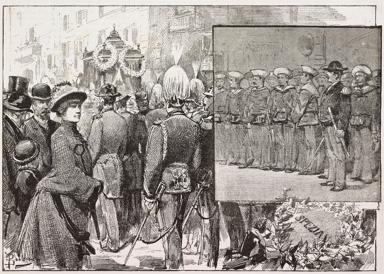 جنازة الأدميرال لويجي بوجليوني دي مونالي (1821-1884) ، روما ، إيطاليا ، نقش من رسم لدانتي بولوتشي ، من L