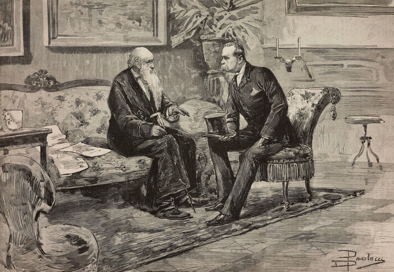 الملك أومبرتو الأول من سافوي (1844-1900) ورئيس مجلس أجوستينو دي بريتيس (1813-1887) ، نقش من رسم لدانتي بولوتشي ، من L