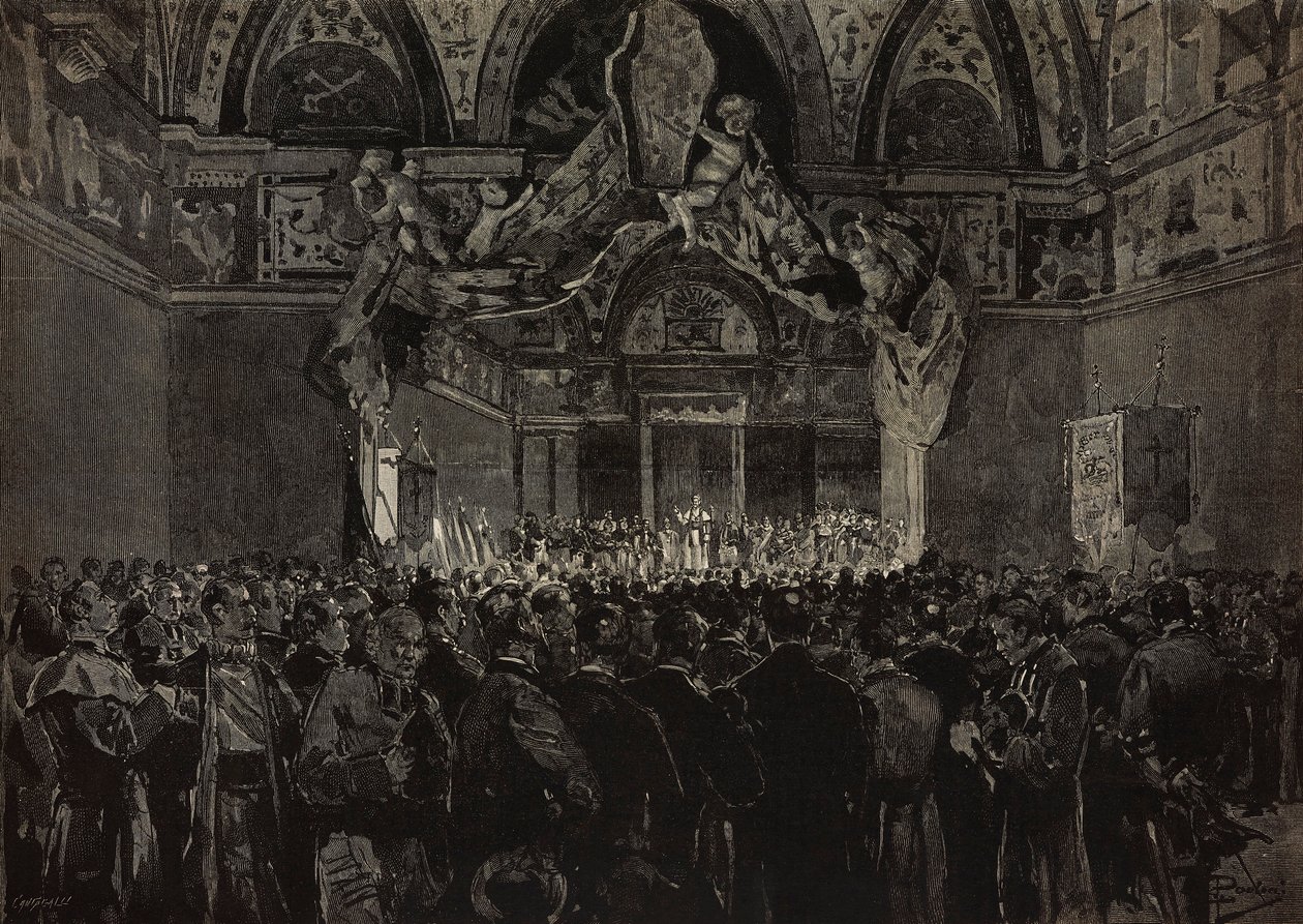 Leo XIII يستقبل الحجاج الفرنسيين في Ducal Hall ، Papal Jubilee ، الفاتيكان ، نقش من الرسم بواسطة Dante Paolocci ، من L