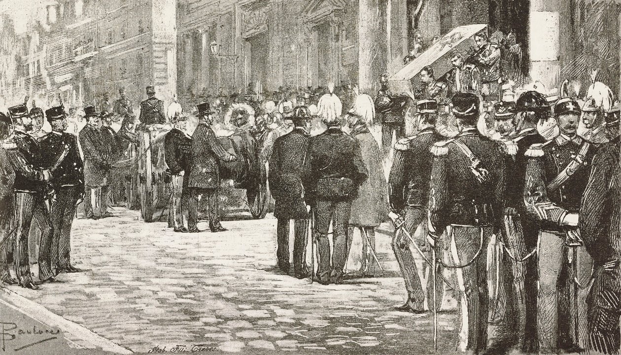 سياسيون وضباط يحضرون جنازة لويجي ميزاكابو (1814-1885) ، سياسي وضابط إيطالي ، روما ، إيطاليا ، نقش من رسم لدانتي بولوتشي ، من L