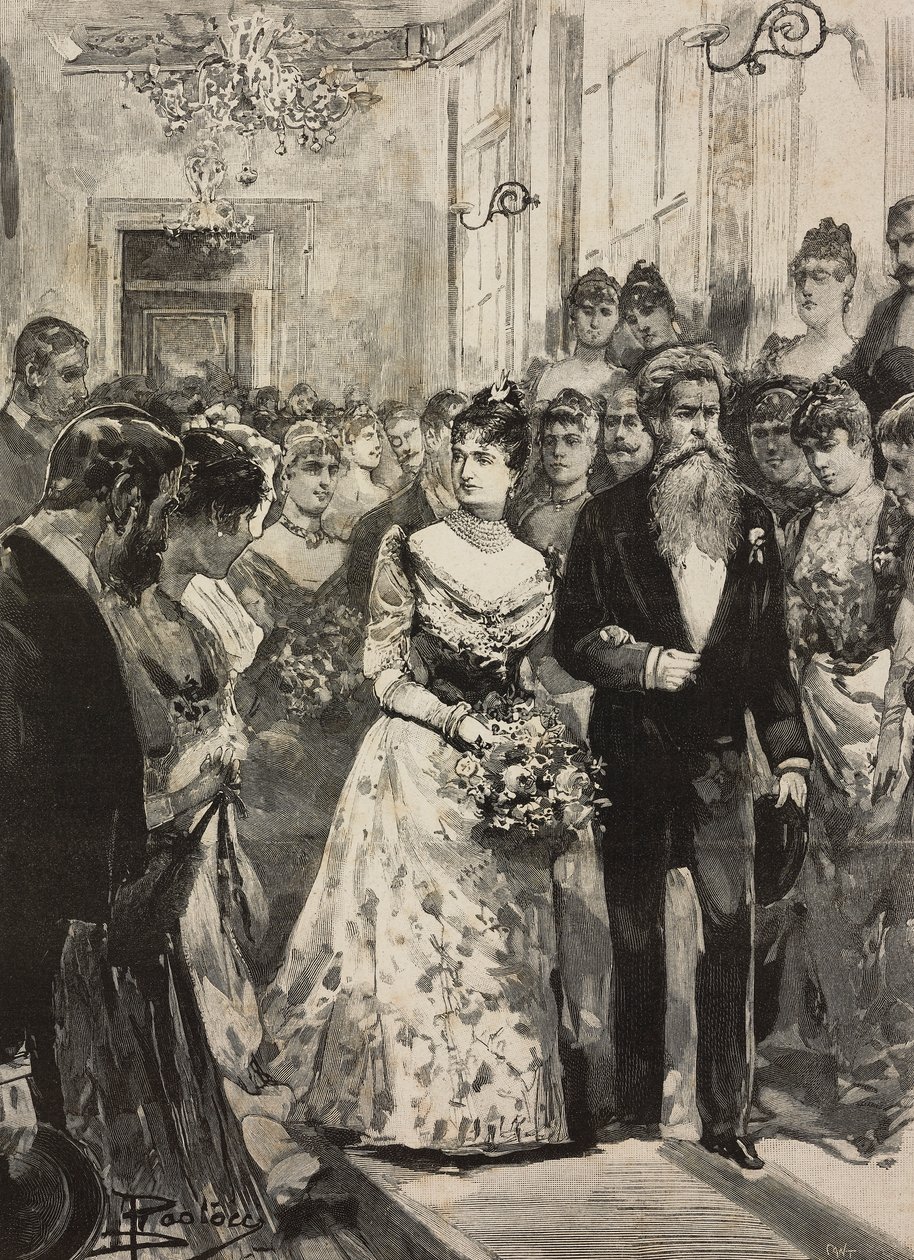الملكة مارغريتا سافوي في حفلة النادي الفني (Circolo Artistico) في روما، برفقة النحات جوليو مونتيفردي، إيطاليا، نقش بعد رسم دانتي باولوتشي، من L#39;illustrazione Italiana، السنة العشرون، رقم 3، 15 يناير بواسطة دانتي بولوتشي