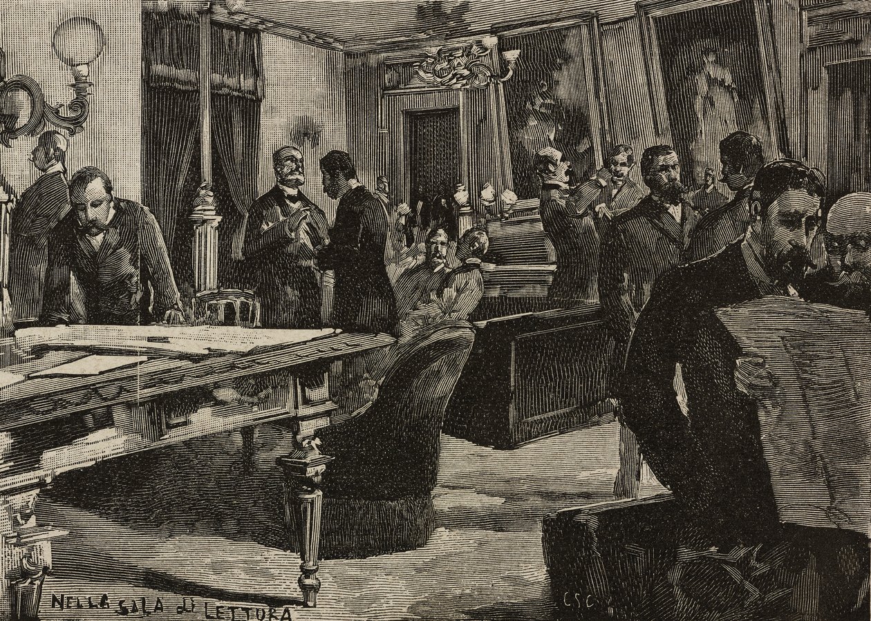 غرفة القراءة في Palazzo Montecitorio ، روما ، إيطاليا ، نقش بعد الرسم بواسطة Dante Paolocci ، من L