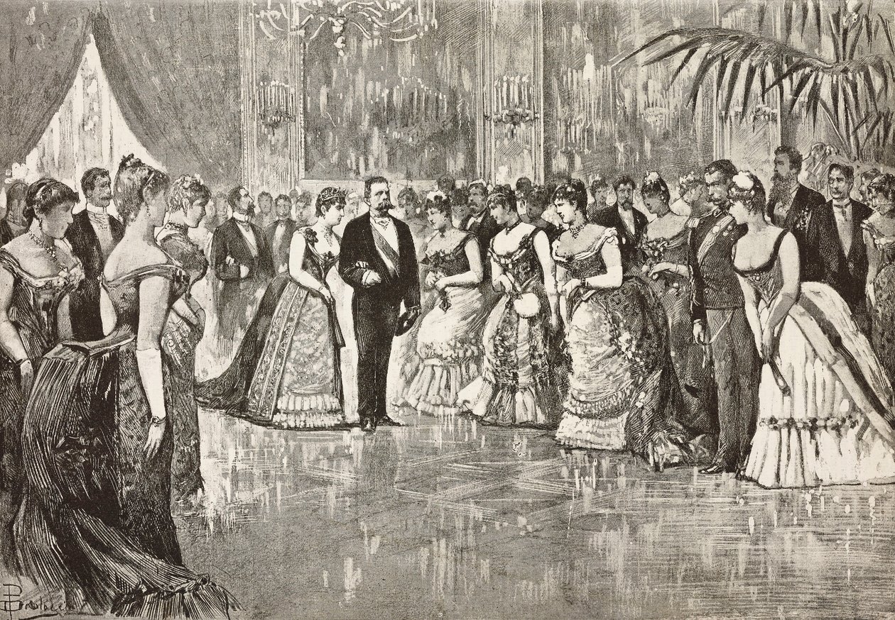أمبرتو الأول (1844-1900) ، ملك إيطاليا ، وزوجته مارغريتا من سافوي (1851-1926) على الكرة في قصر كويرينال ، روما ، إيطاليا ، نقش من الرسم بواسطة دانتي بولوتشي ، من L