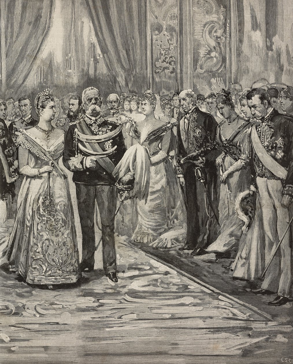 Umberto I و Margherita of Savoy في حفلة موسيقية بمناسبة زفافهما الفضي ، Palazzo del Quirinale ، روما ، إيطاليا ، نقش بعد الرسم بواسطة Dante Paolocci ، من L