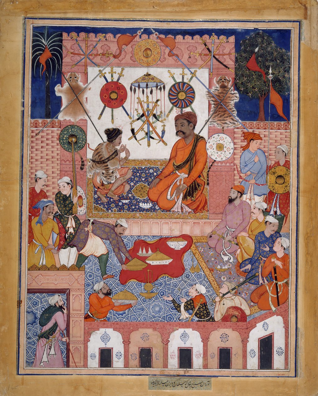 مصباح البقال يحضر الجاسوس باران إلى منزله ، فوليو من حمزة نامه ... ، كاليفورنيا. 1570. بواسطة داسافانتا.