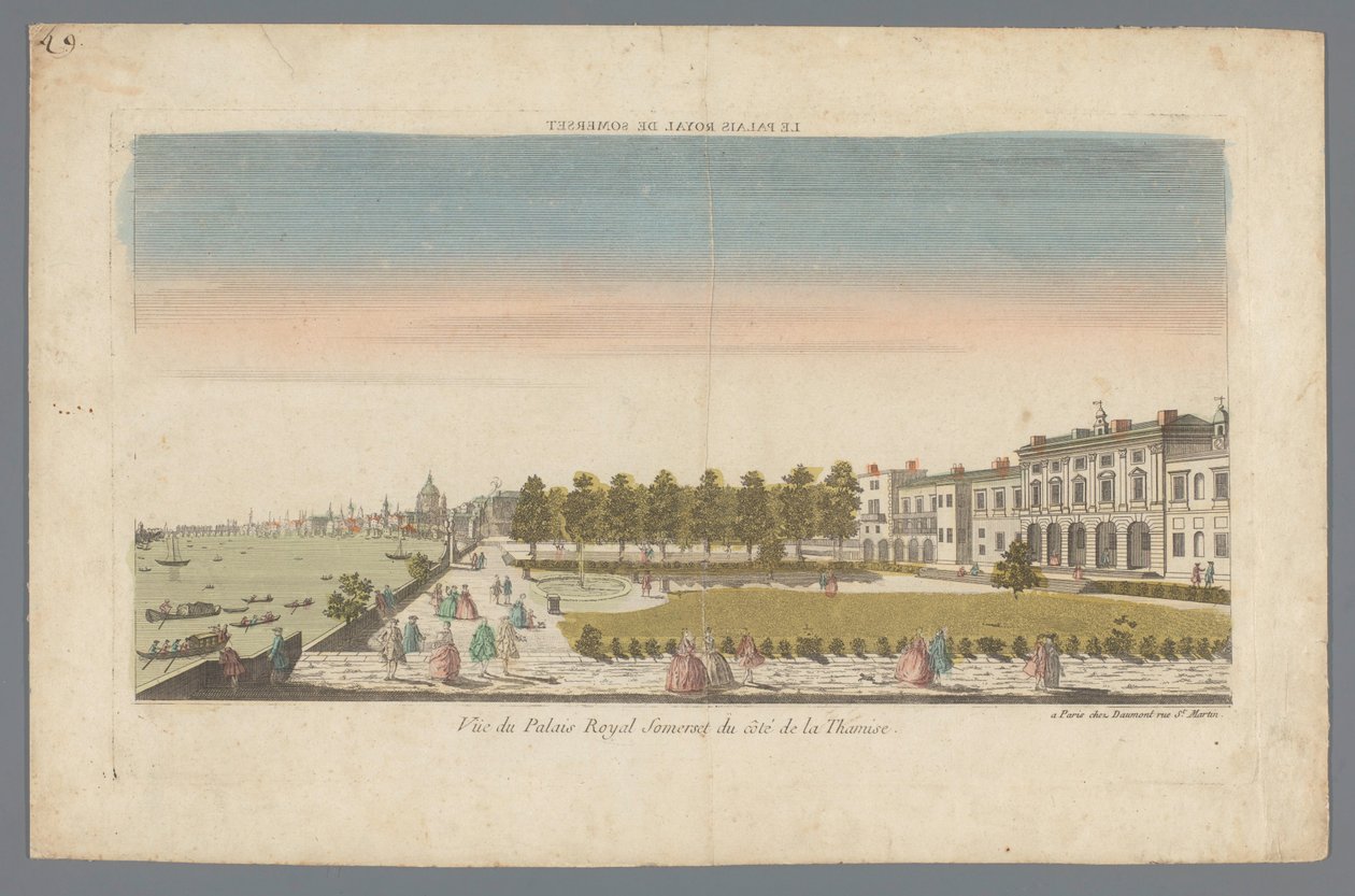منظر لمنزل سومرست من ضفاف نهر التايمز مع وجود لندن في الخلفية Le Palais Royal de Somerset / Vue du Palais Royal Somerset du côté de la Thamise (العنوان على الكائن) بواسطة دومونت