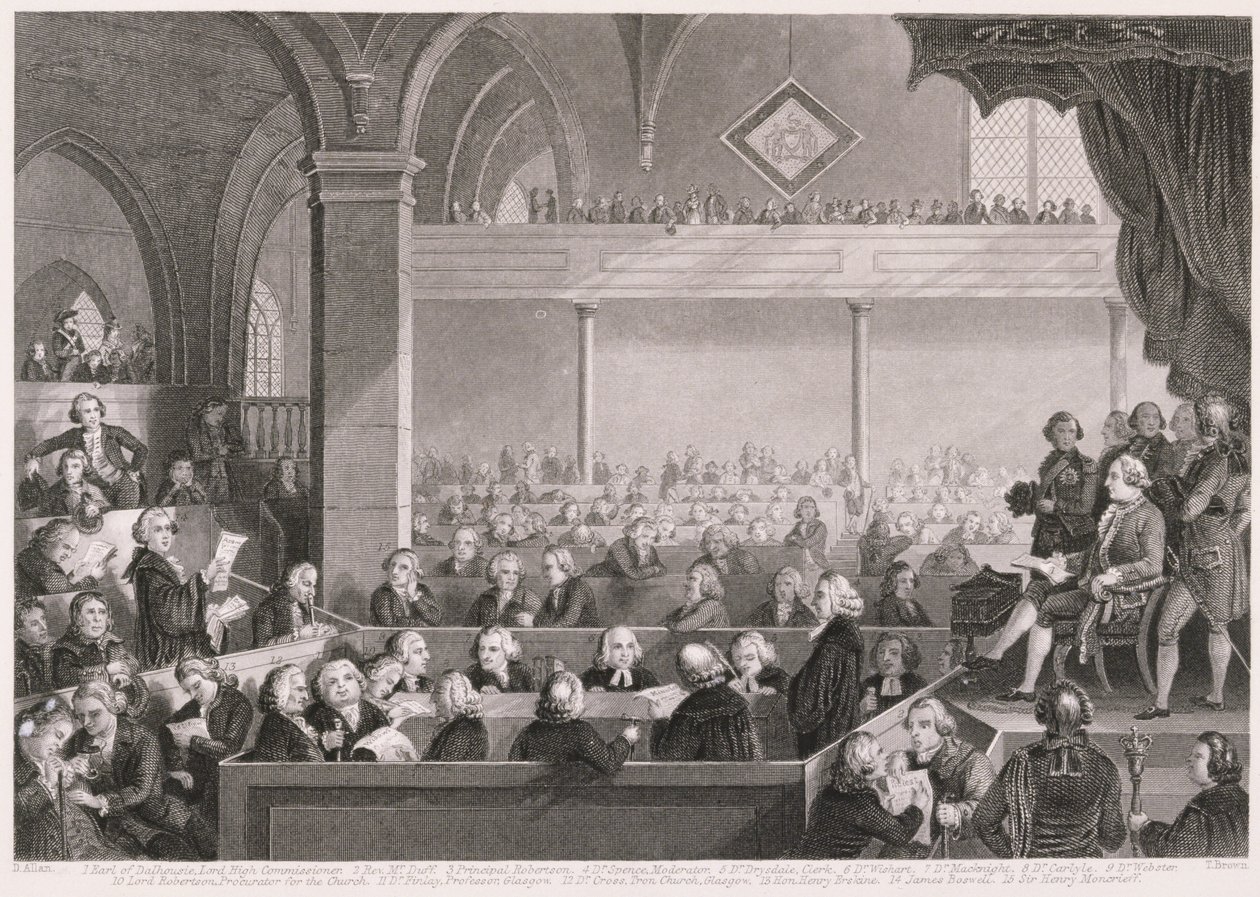الجمعية العامة لكنيسة اسكتلندا في عام 1783 ، نقشها تي براون ، من "دين العالم" ، نشرتها أ. فولارتون أوند كو. بواسطة ديفيد آلان