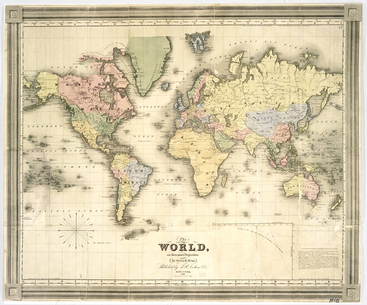العالم على إسقاط ميركاتور ، 1840 (طباعة ملونة باليد) بواسطة ديفيد بور