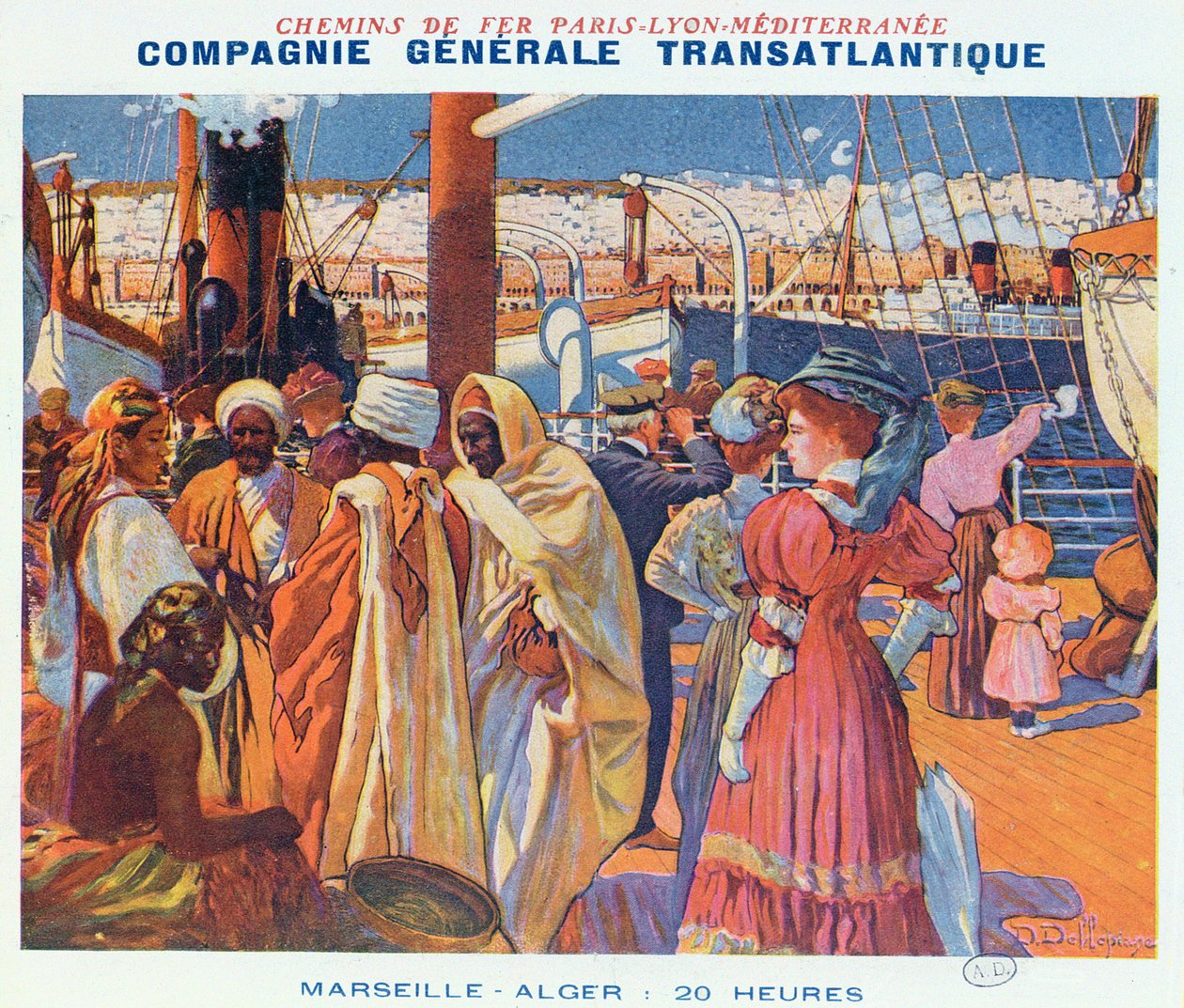 ملصق إعلان عن خدمة القوارب "Compagnie Generale Transatlantique" من مرسيليا إلى الجزائر في 20 ساعة 1909 بواسطة ديفيد Dellepiane