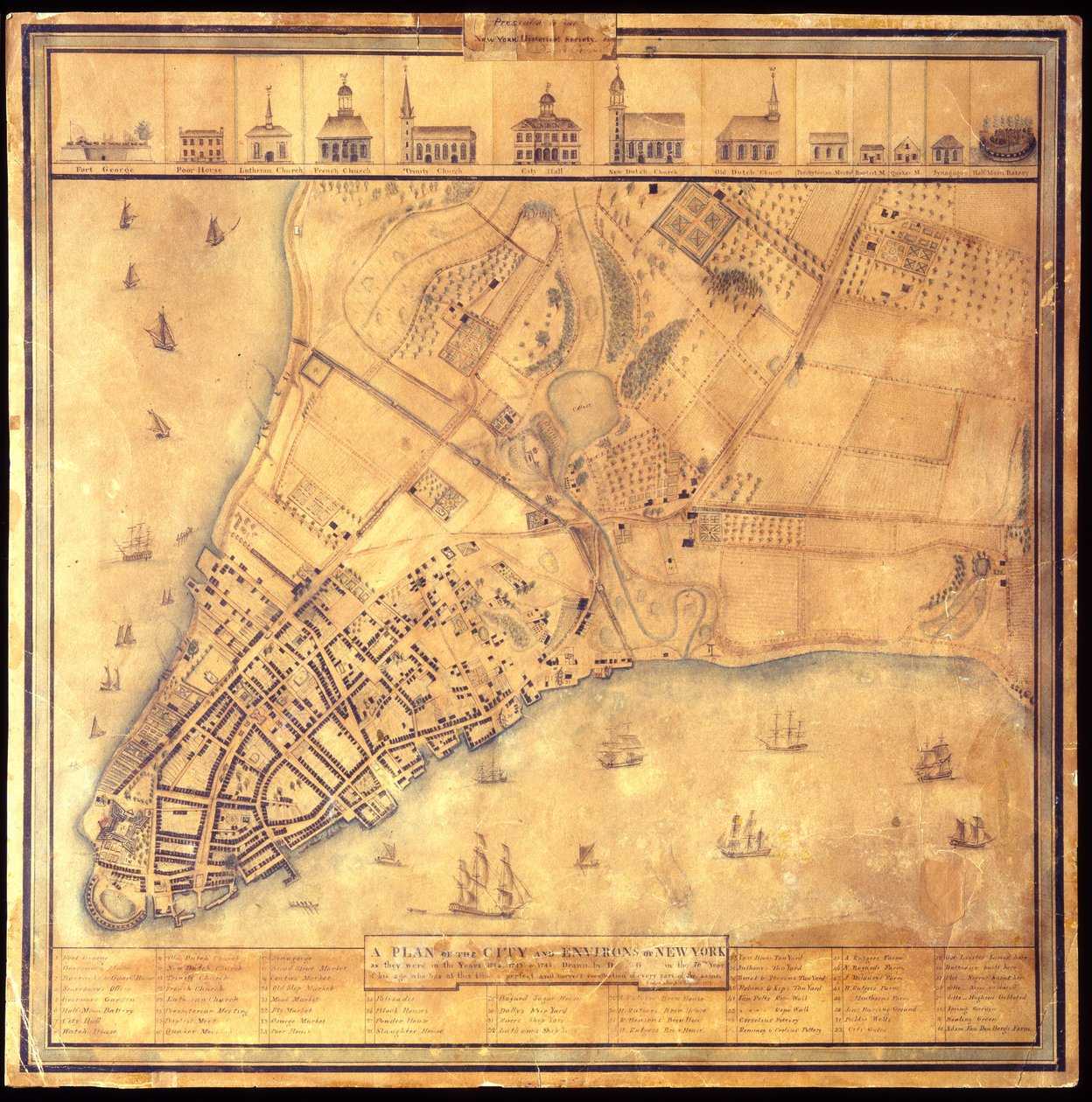 خطة المدينة وضواحيها في نيويورك كما كانت في 1742-1744 ، 1813 قلم حبر أسود اللون ، ألوان مائية ، قلم رصاص على ورق. بواسطة ديفيد جريم