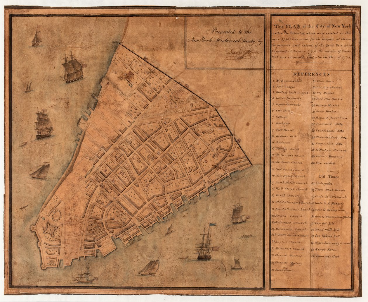 تم وضع هذه الخطة لمدينة نيويورك (داخل Palisades ، التي أقيمت في عام 1745) بغرض إظهار تقدم ومدى الحريق الكبير ، الذي حدث في العام بواسطة ديفيد جريم