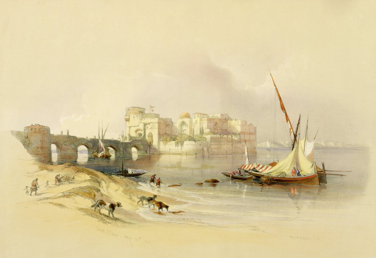 قلعة صيدا ، 28 أبريل 1839 ، اللوحة 76 من المجلد الثاني من "الأرض المقدسة" ، نقش بواسطة حانة لويس هاغي (1806-85). 1843 بواسطة ديفيد روبرتس