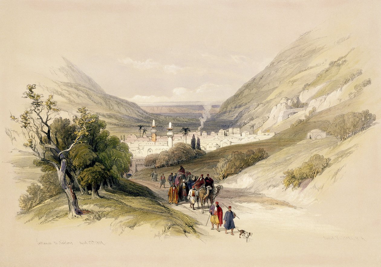 مدخل نابلس ، 17 أبريل 1839 ، اللوحة 41 من المجلد الأول من "الأرض المقدسة" ، نقش بواسطة حانة لويس هاغي (1806-85). 1842 بواسطة ديفيد روبرتس