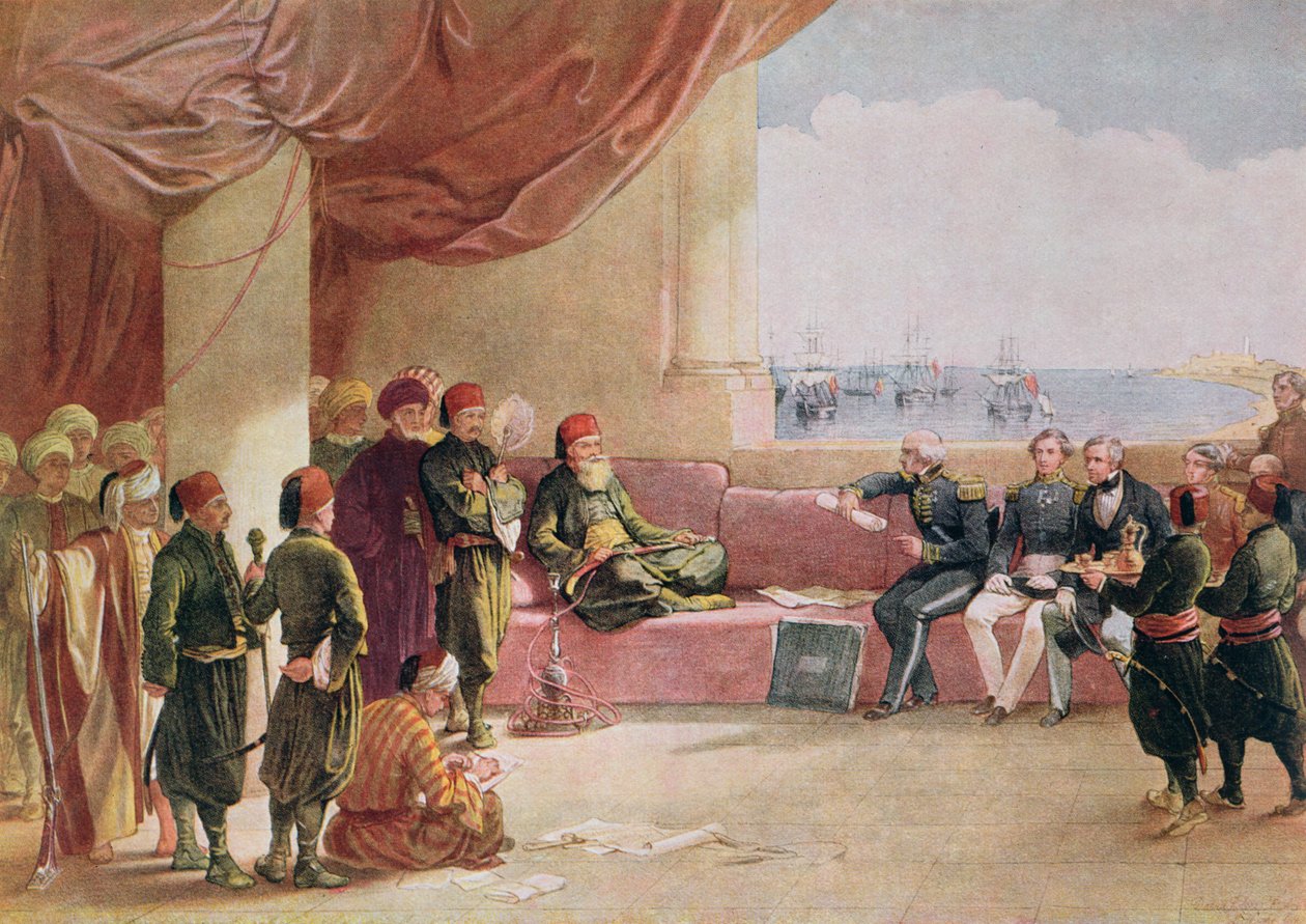 محمد علي يستقبل مبعوثين من بريطانيا العظمى في قصره بالإسكندرية في 12 مايو 1839 ، 1849 بواسطة ديفيد روبرتس