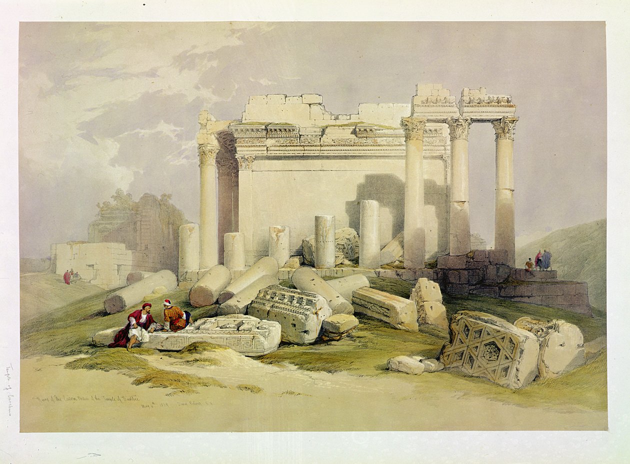 أطلال الرواق الشرقي لمعبد بعلبك ، 6 مايو 1839 ، اللوحة 83 من المجلد الثاني من "الأرض المقدسة" ، محفورة بواسطة حانة لويس هاغي (1806-85). 1843 بواسطة ديفيد روبرتس
