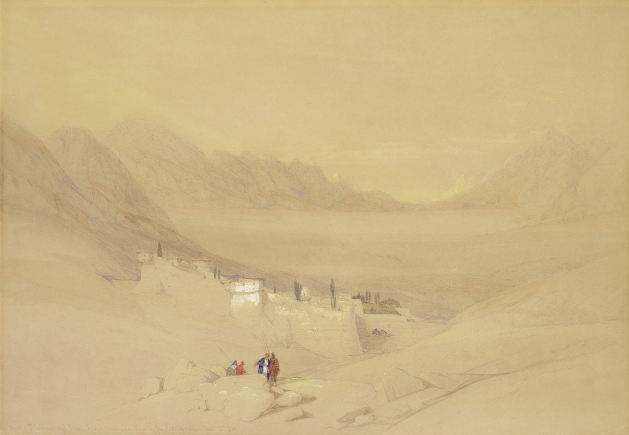 دير القديسة كاترين ، جبل سيناء ، باتجاه سهل المخيم ، 1839 (مرحاض على الجرافيت على ورق) بواسطة ديفيد روبرتس