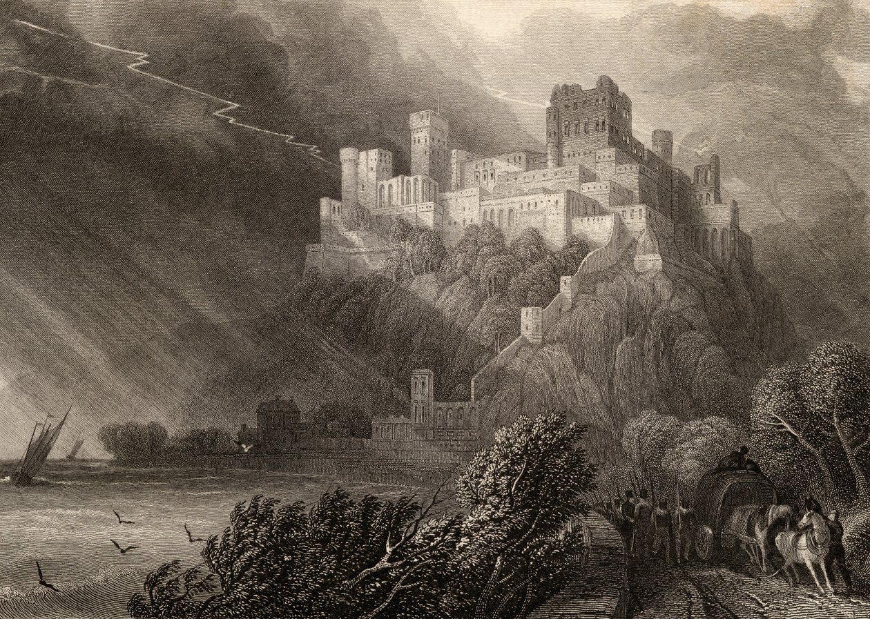 أطلال راينفيلز ، نقشها دبليو رادكليف ، رسم توضيحي من "حجاج الراين" نُشر عام 1840 بواسطة ديفيد روبرتس