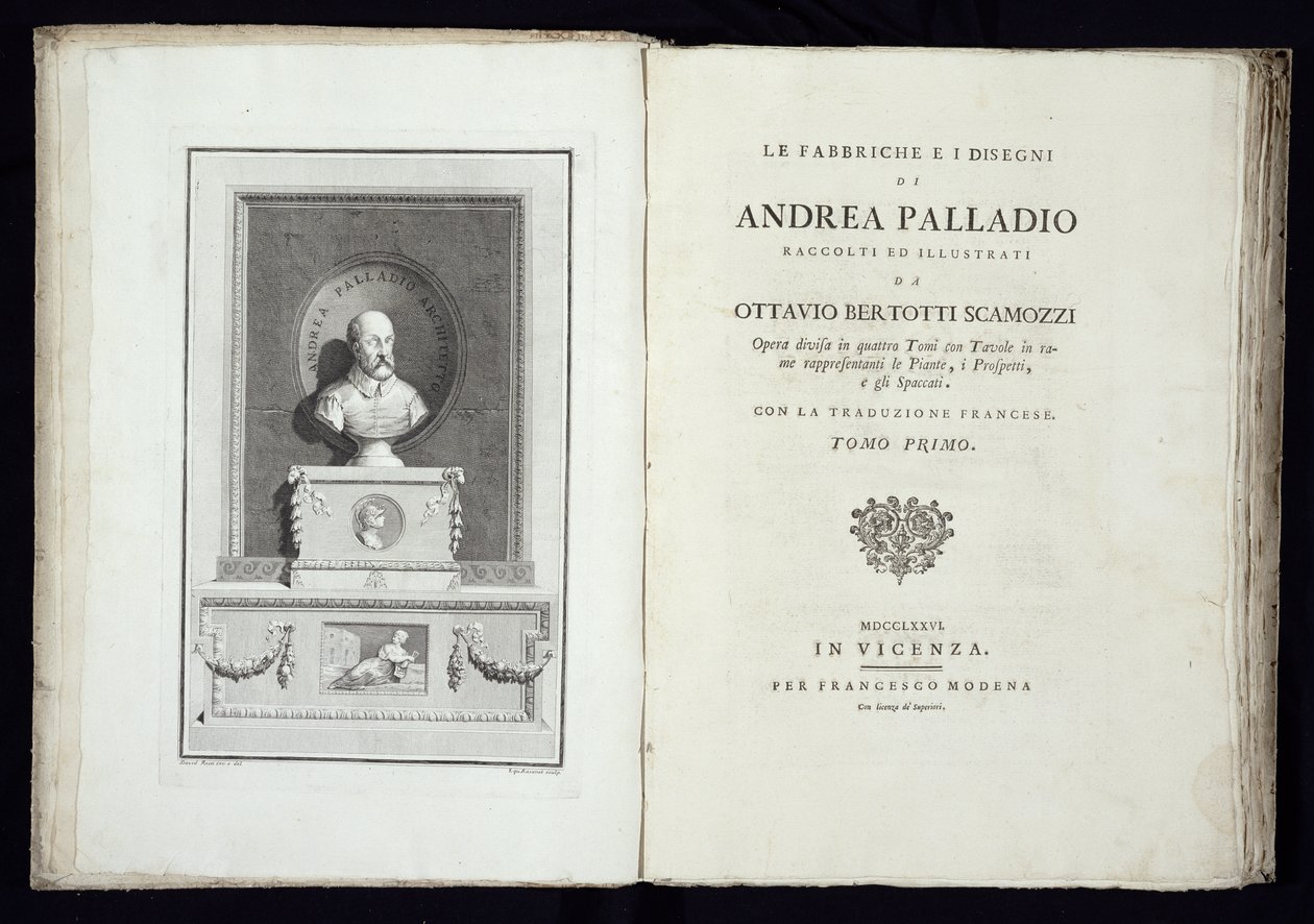 صفحة عنوان Le Fabbriche ei Disegni di Andrea Palladio مع صورة للمهندس المعماري ، محفورة من قبل Simon Francis Ravenet (1737-1821) نشرت عام 1776 بواسطة ديفيد روسي