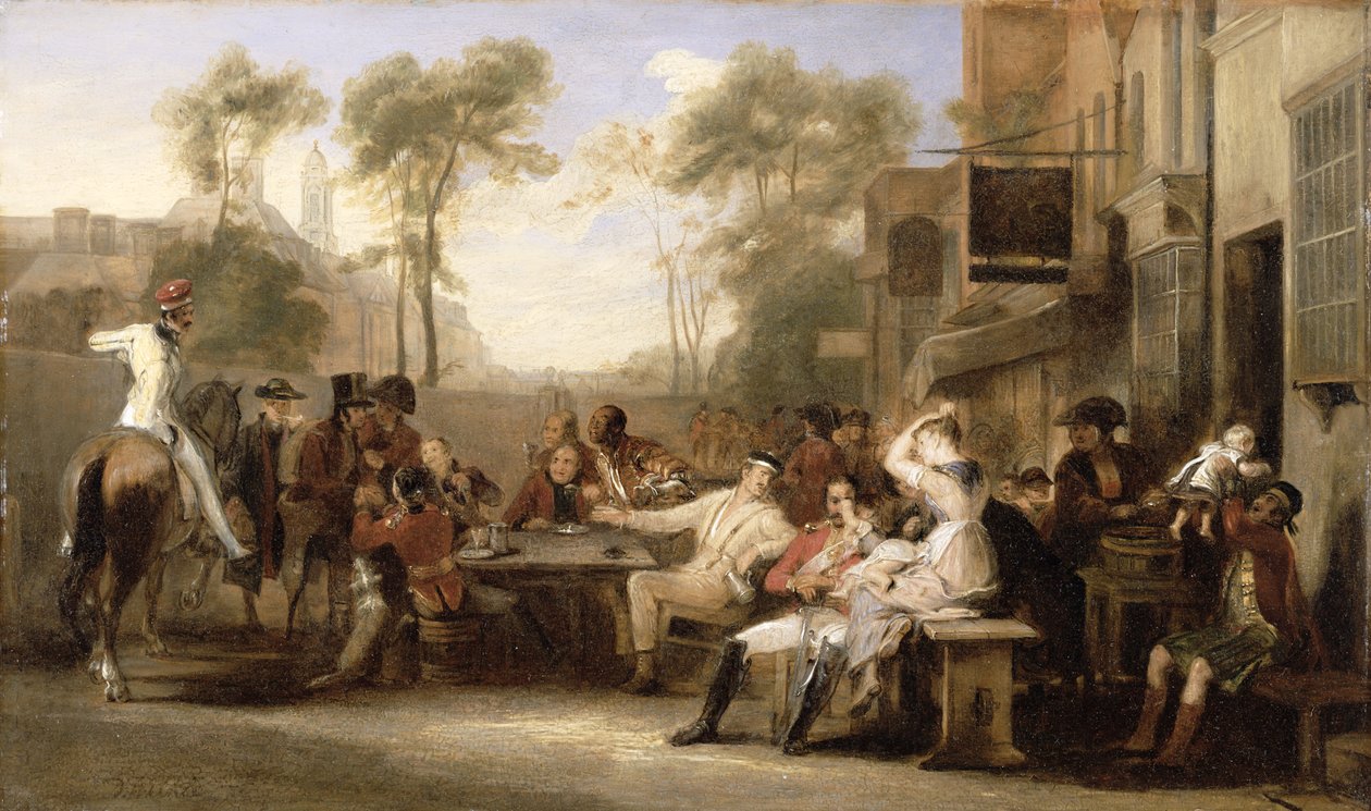 متقاعدو تشيلسي يستقبلون الجريدة يعلنون معركة واترلو ، c.1819 بواسطة ديفيد ويلكي