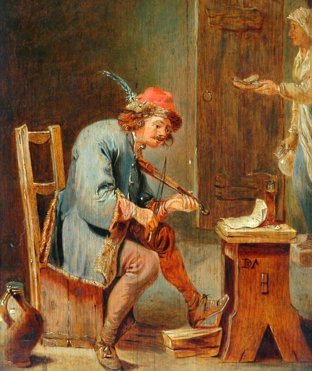 رجل يلعب كمان ، 1800-50 (زيت على لوح خشبي) بواسطة ديفيد تينيرز الأصغر